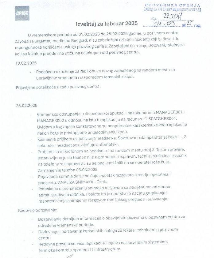 Excerpt from the call center operational report showing no recorded system incidents